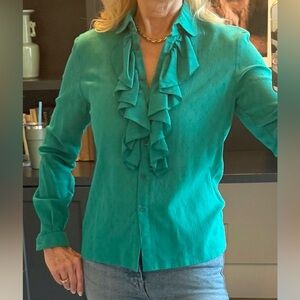 Jaeger Green Ruffle Blouse Vintage Romantic Secretary Top UK